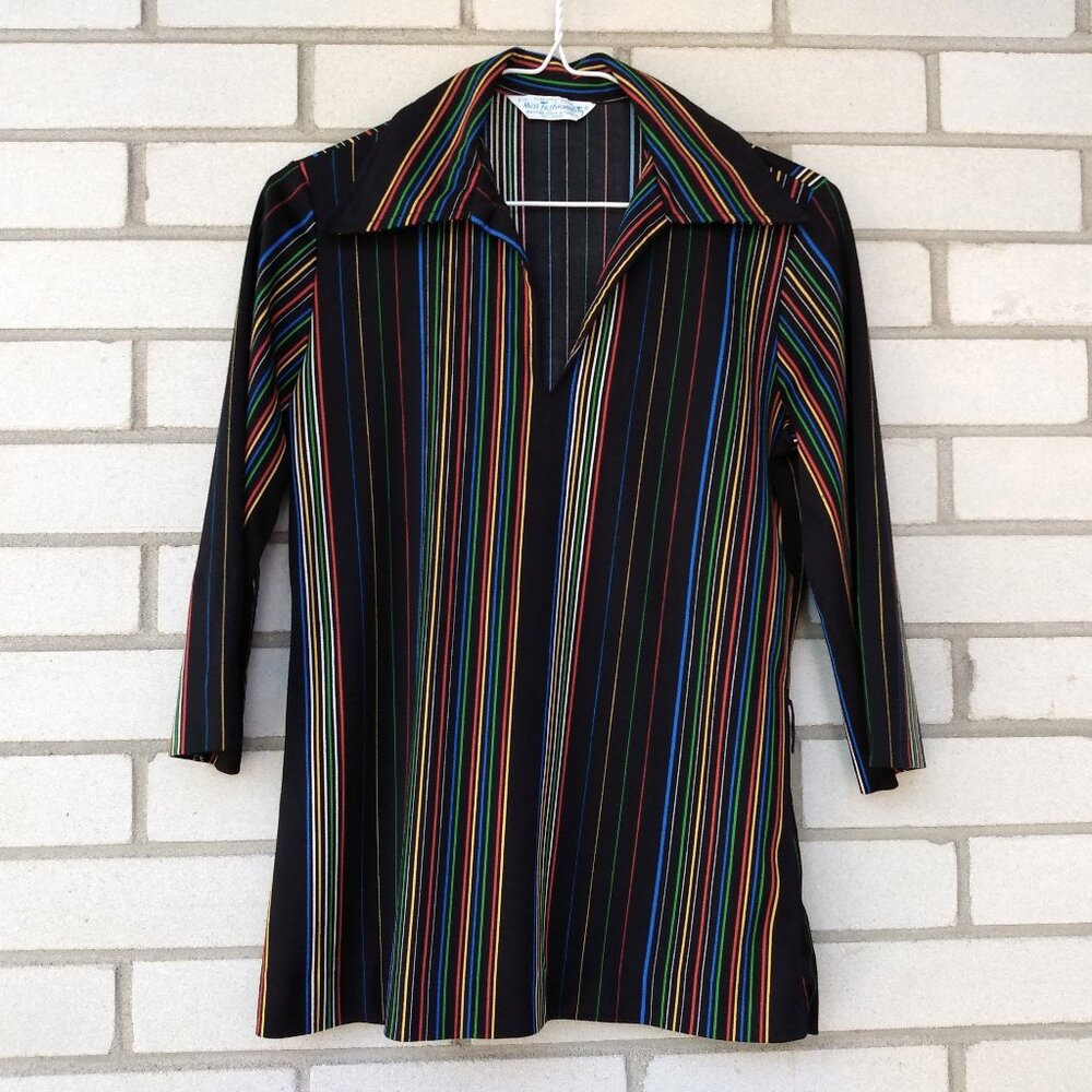 Vintage 70s Tunic Top 35" Bust Black Stripes Butterfly Collar Miss Fashionality